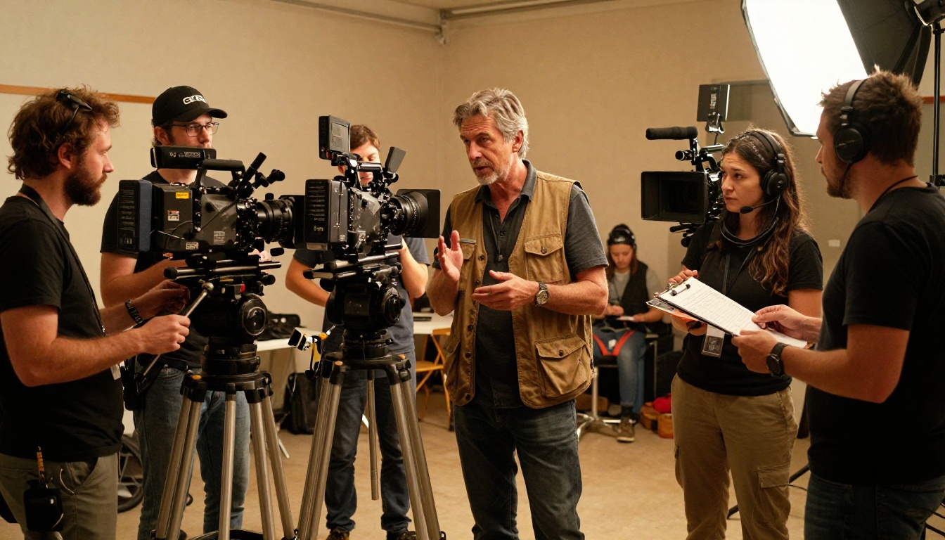 Multilingual film production crew collaborating around an Arri cinema camera on a professional set with warm amber lighting