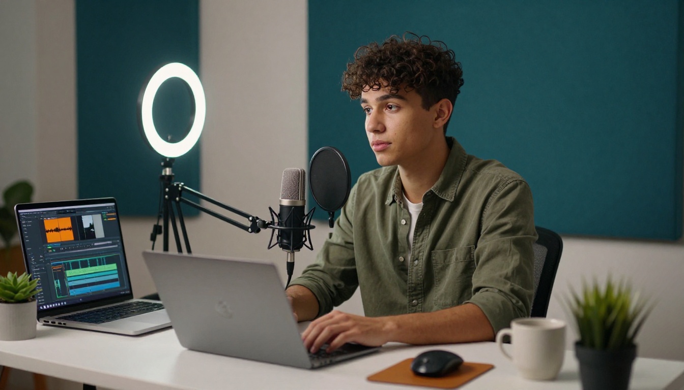 Young content creator recording voiceover at a clean home studio desk with a condenser microphone and ring light