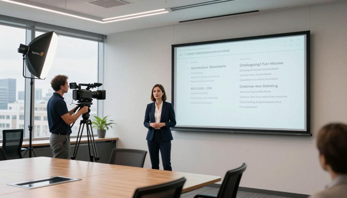 Female presenter in a corporate conference room with multilingual presentation slides and cinema camera setup