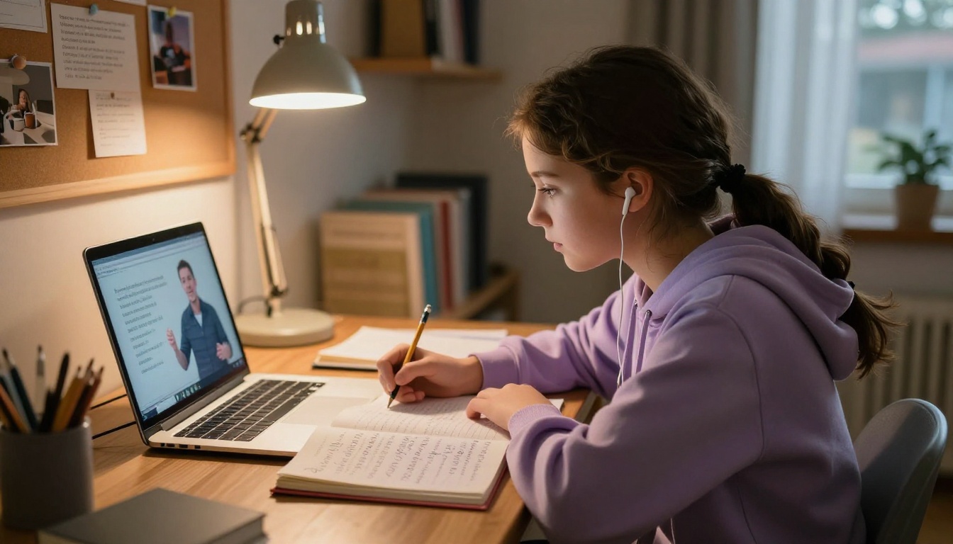 Teenage girl in lavender hoodie watching a dubbed educational video on her laptop with handwritten notes in two languages beside her