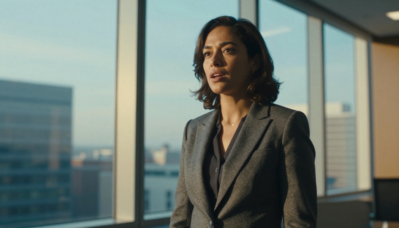 Businesswoman speaking in glass-walled office, low-angle shot