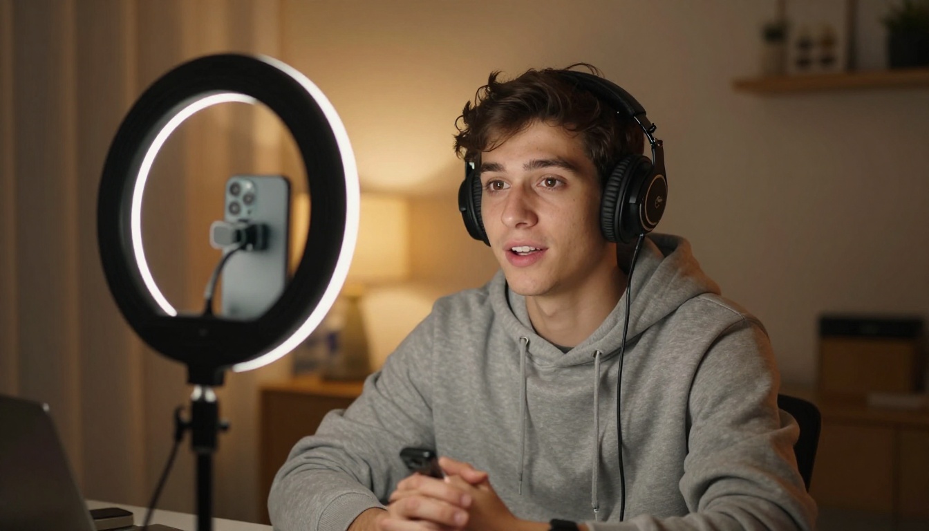 Content creator at home studio desk with headphones