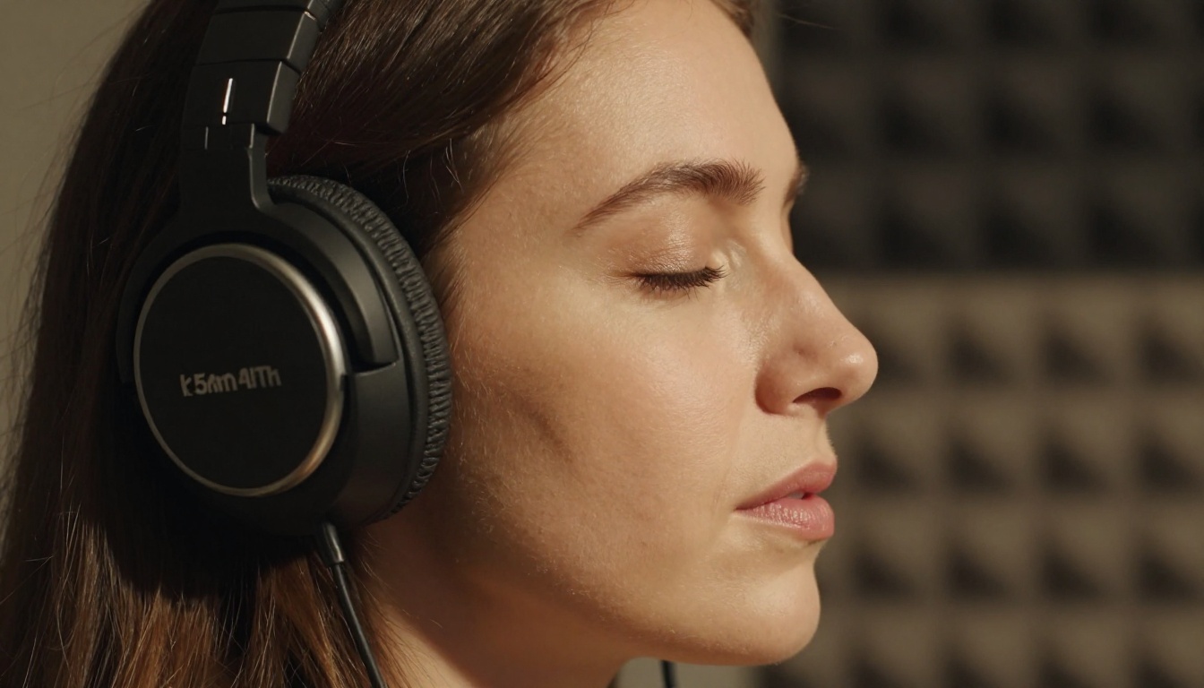 Woman with headphones listening to audio playback