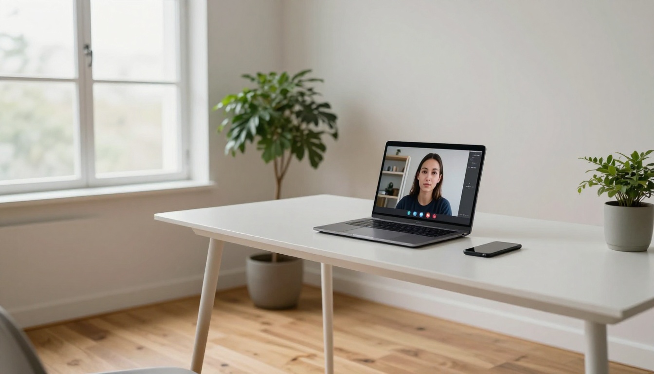 Modern minimalist home office with laptop showing avatar on screen