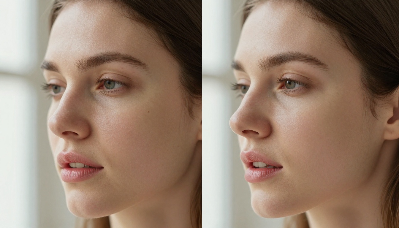Before and after face transformation showing static vs speaking state