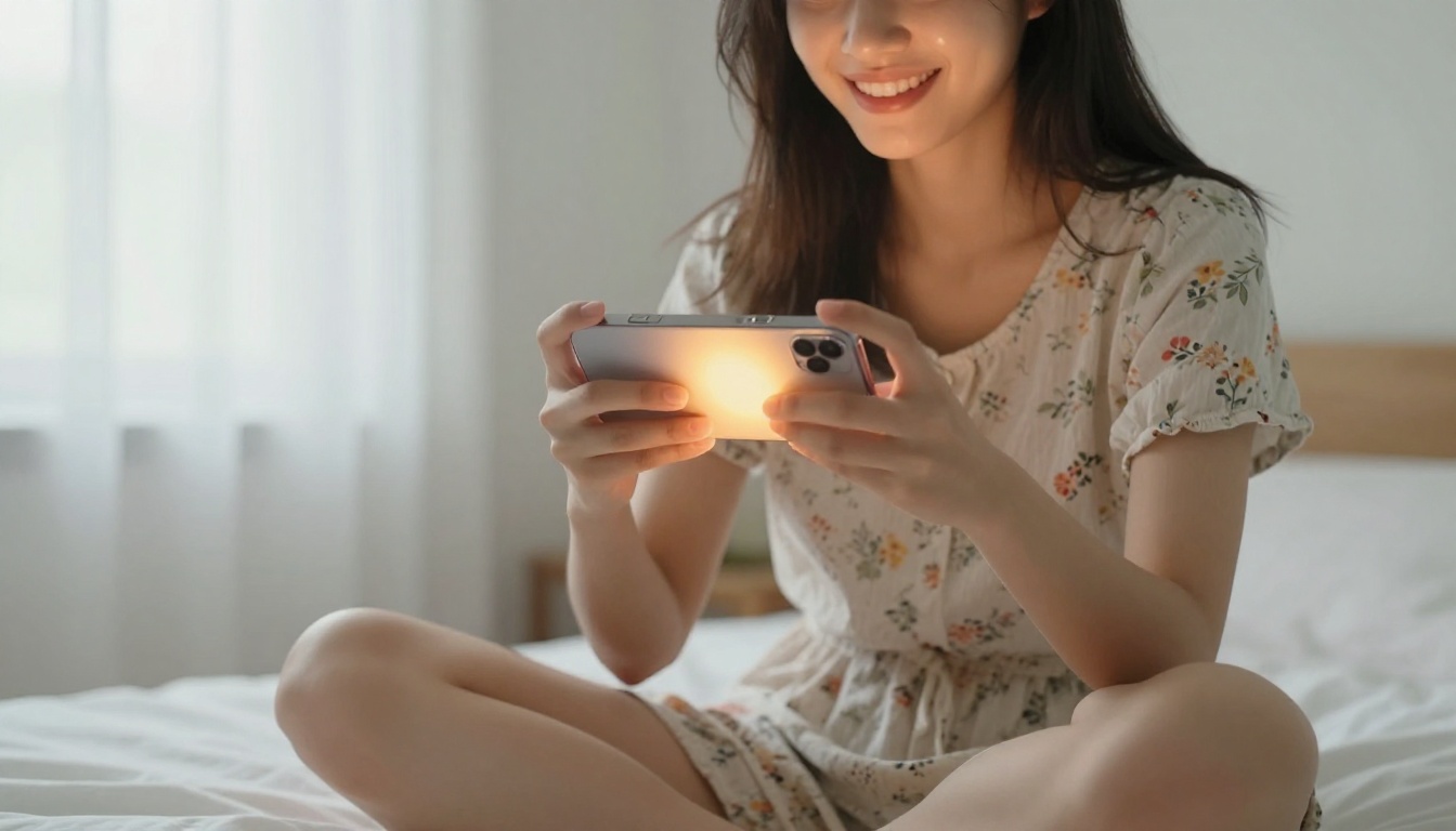 Young woman holding smartphone with bright airy bedroom setting
