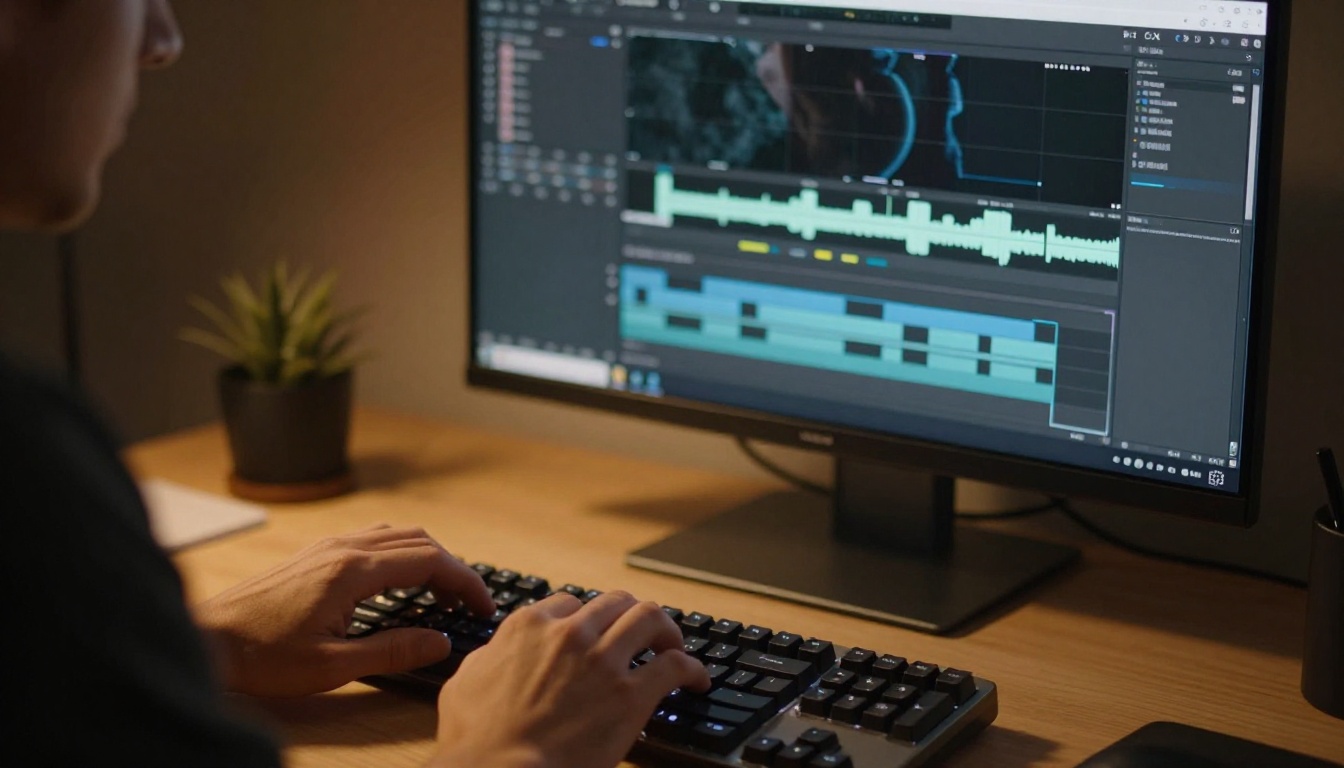 Hands typing on keyboard with video editor timeline visible on monitor