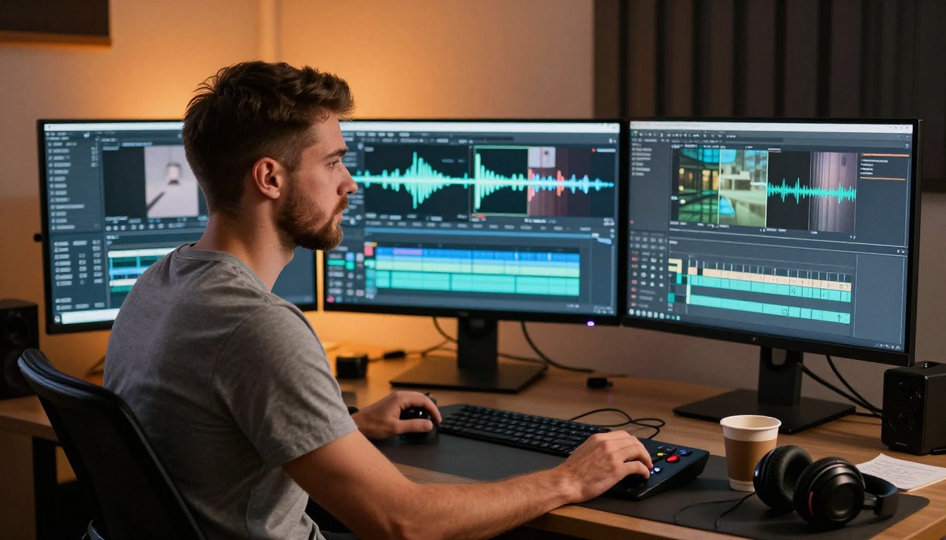 Man editing video at workstation home studio