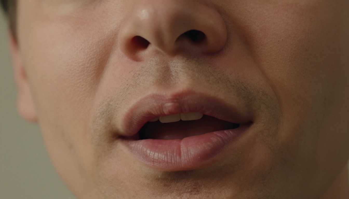 Close-up of a man's mouth mid-speech with natural skin texture and directional lighting