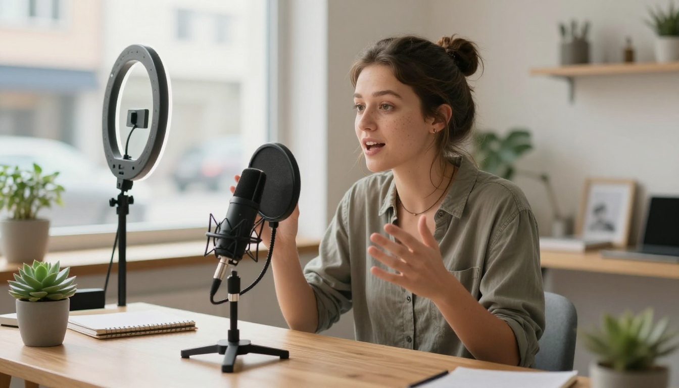 A young woman content creator recording herself speaking at a clean home studio desk