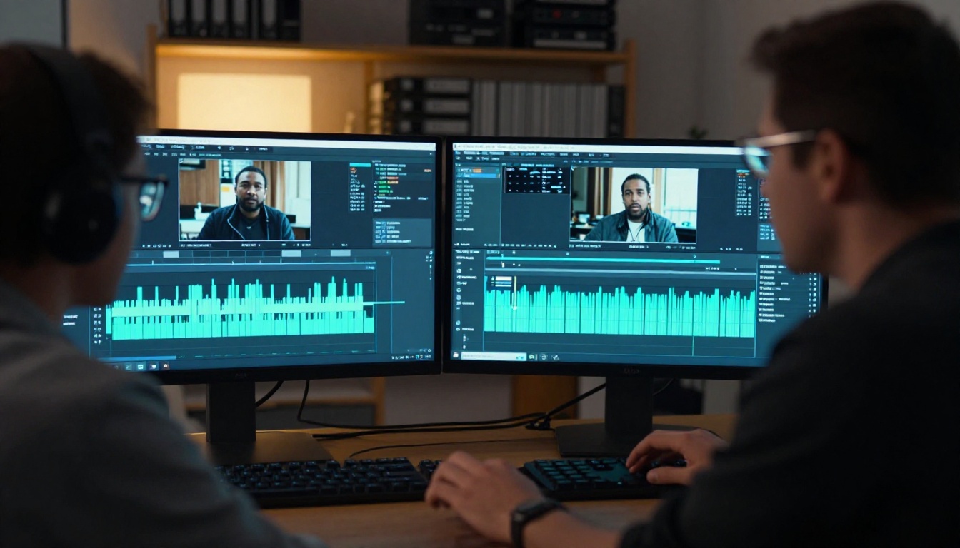 A professional video editor at a dual-monitor workstation reviewing an audio waveform timeline