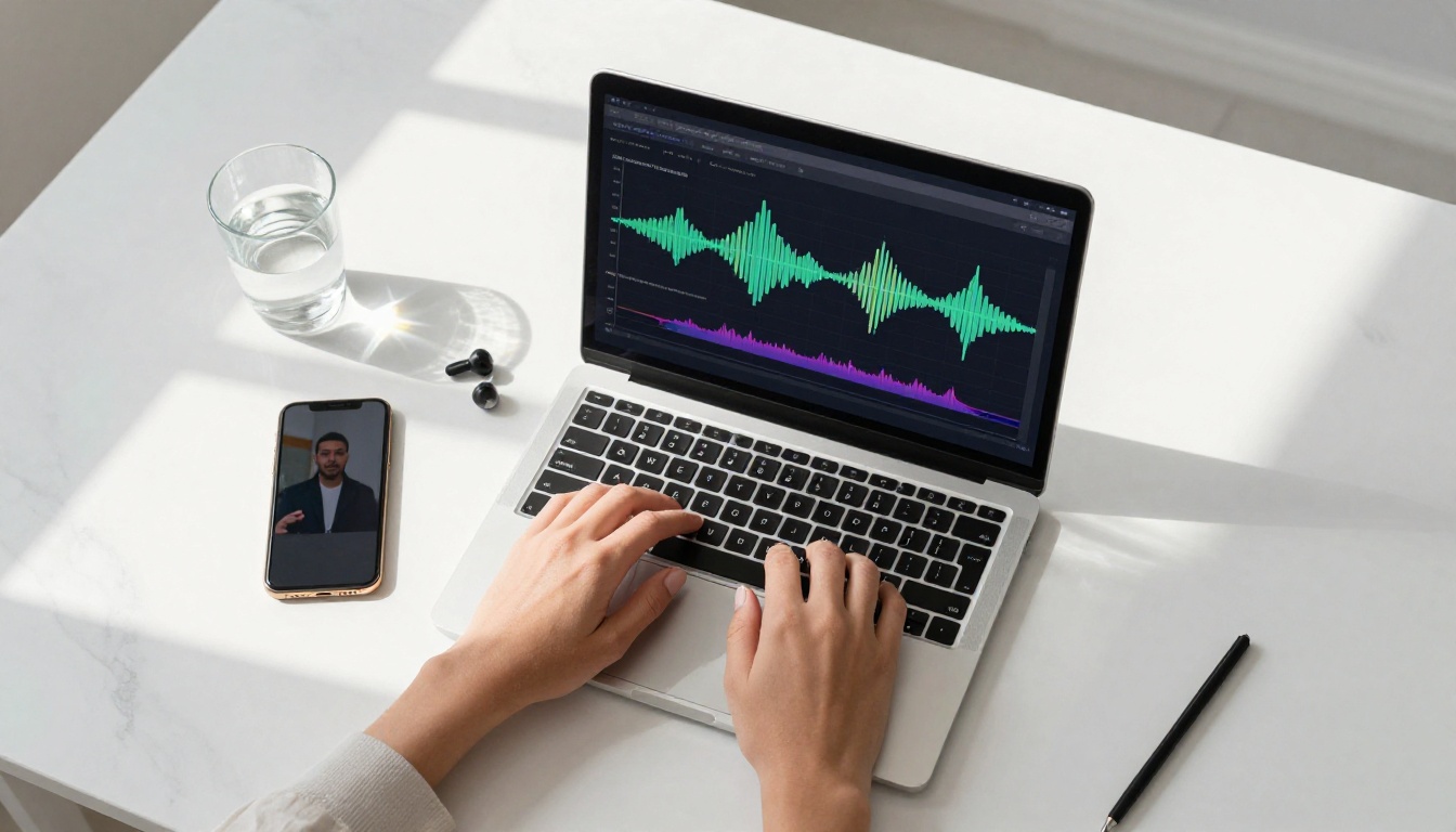 Aerial overhead shot of hands working on a laptop with audio waveform visualization on screen