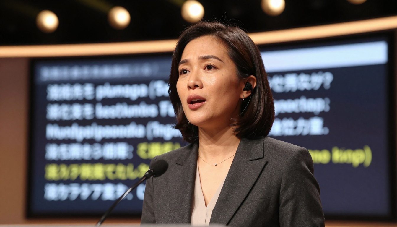A multilingual female presenter speaking passionately at a conference podium with subtitle screen behind her