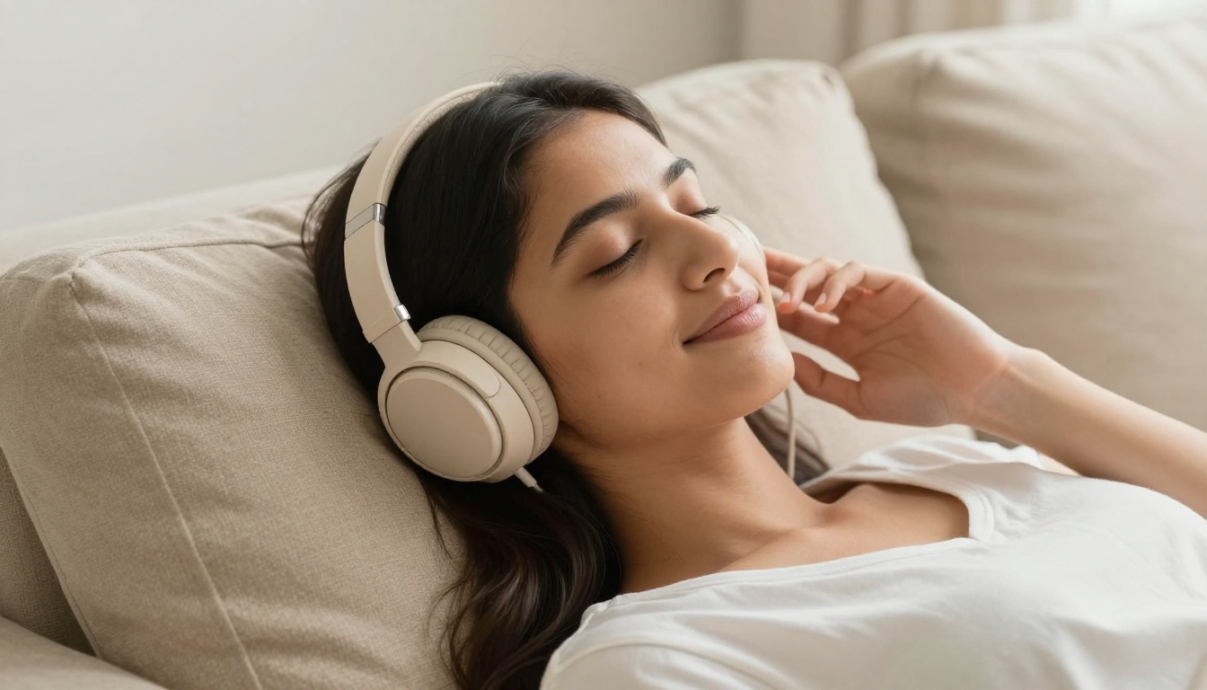 Woman listening to music peacefully with headphones