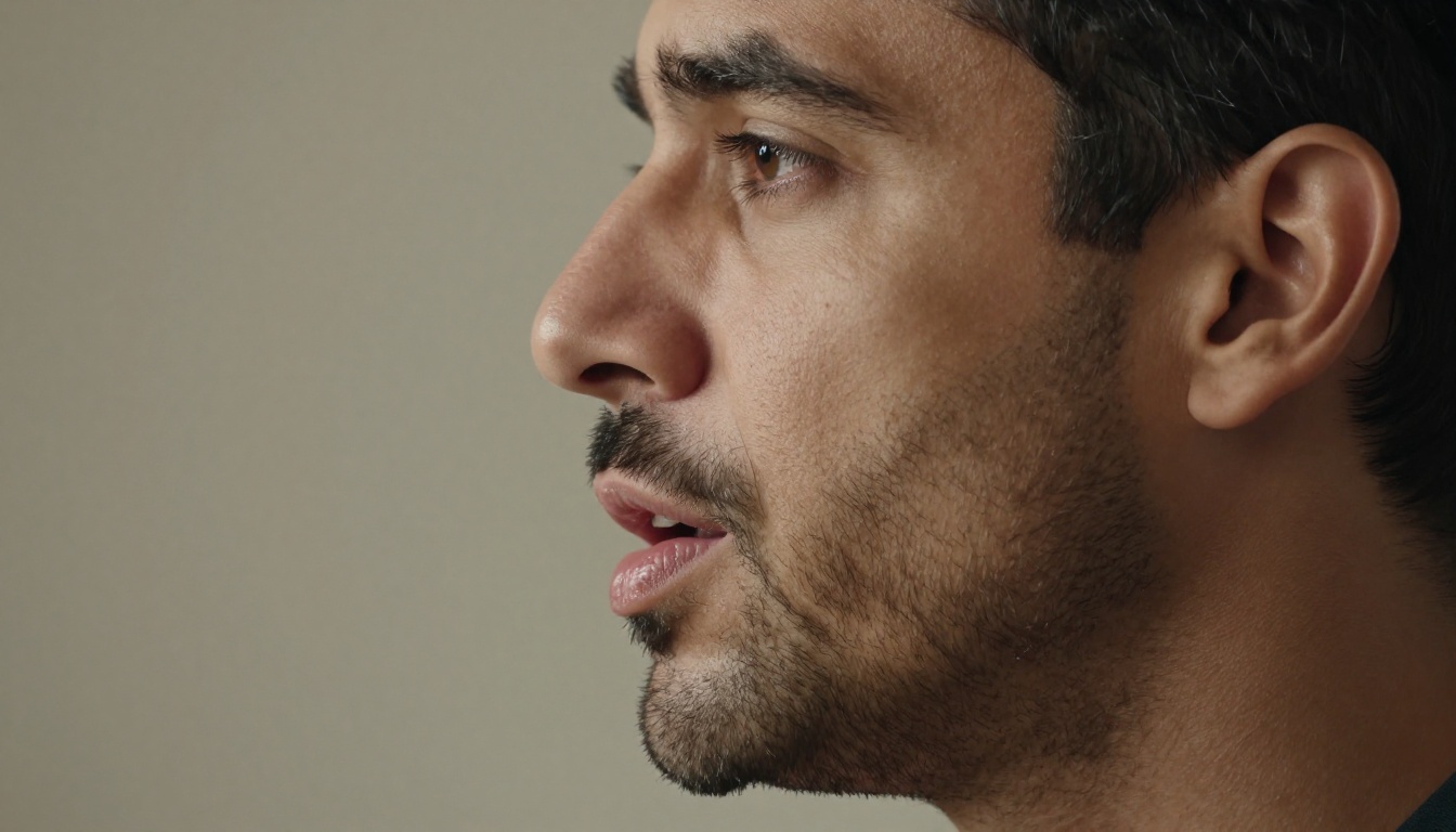 Side profile of a man speaking with dramatic Rembrandt window lighting on his face