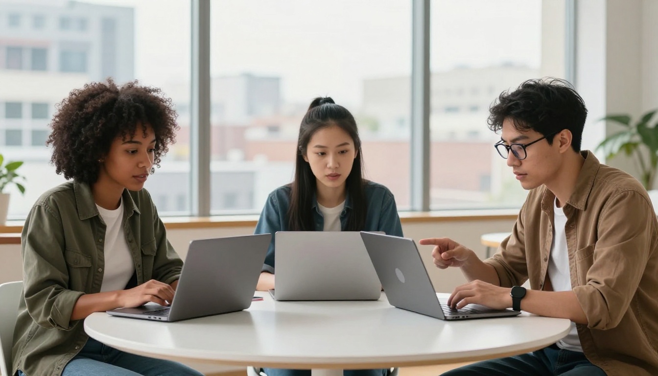 Content creators working together on laptops