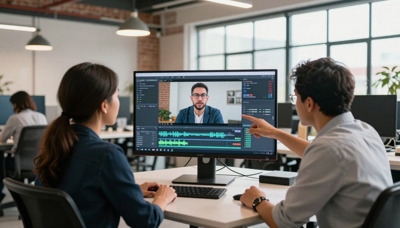 A diverse team of professionals reviewing a video production interface on a large monitor