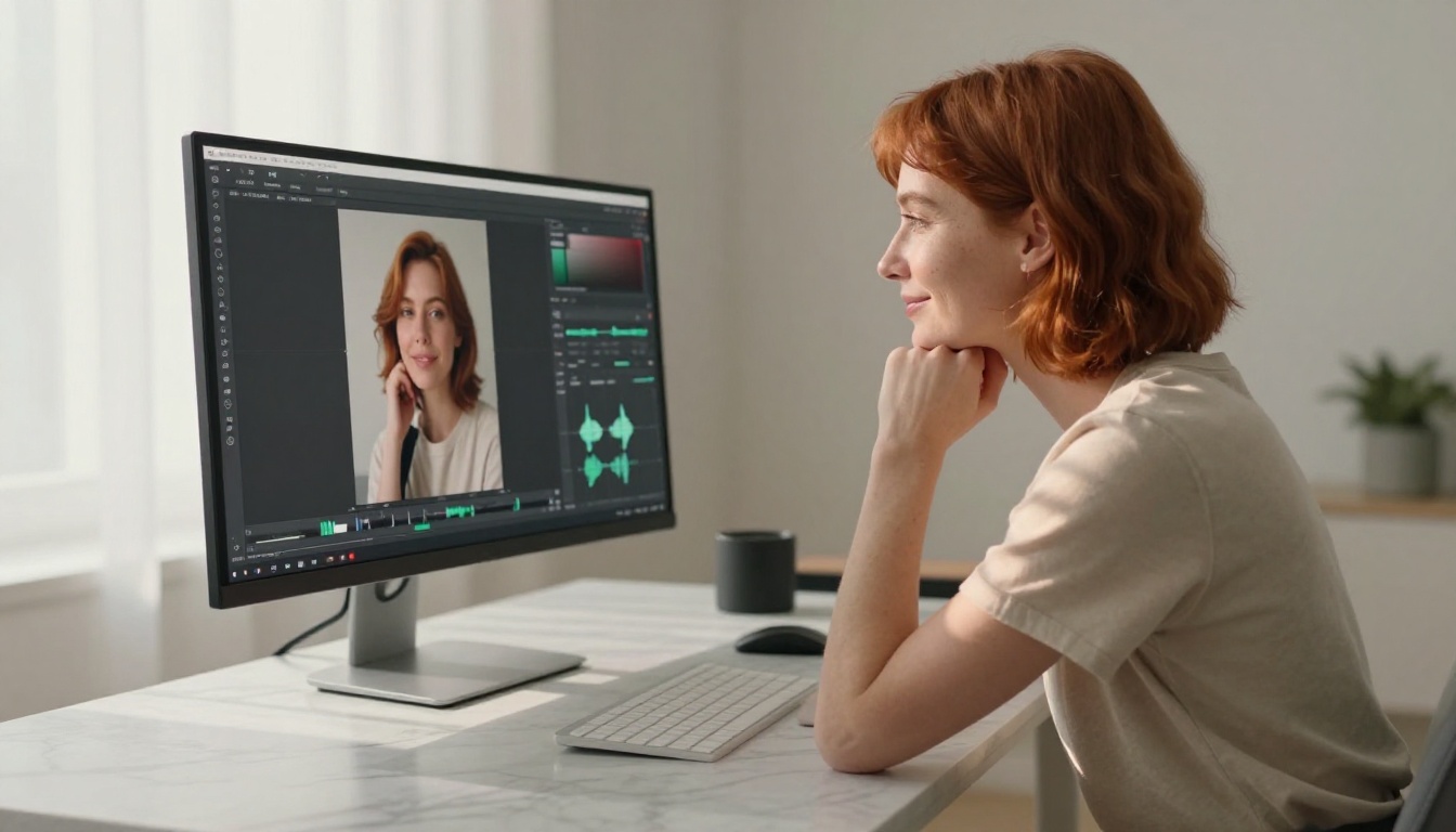Woman focused on portrait animation timeline at white desk Woman focused on portrait animation timeline at white desk