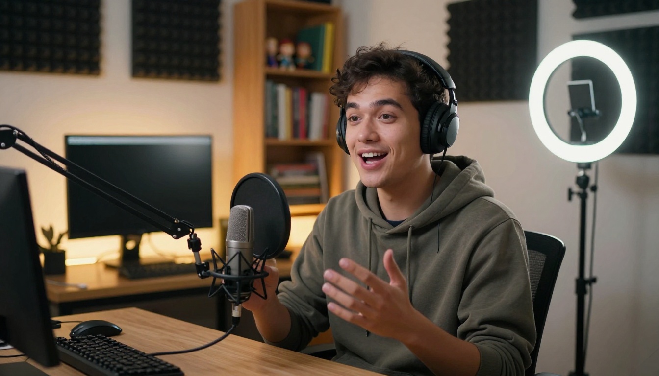 A young male YouTuber speaking enthusiastically in a cozy home recording setup with acoustic panels
