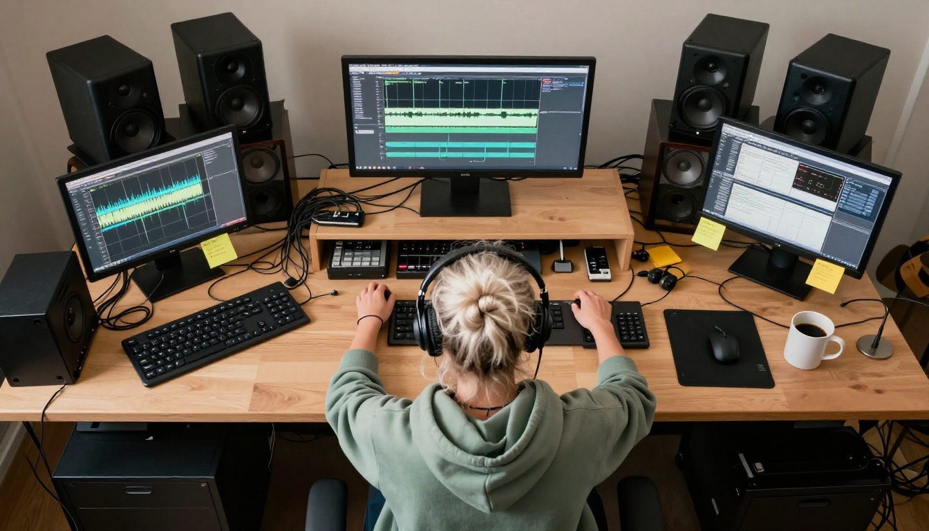 Music producer aerial view of workstation