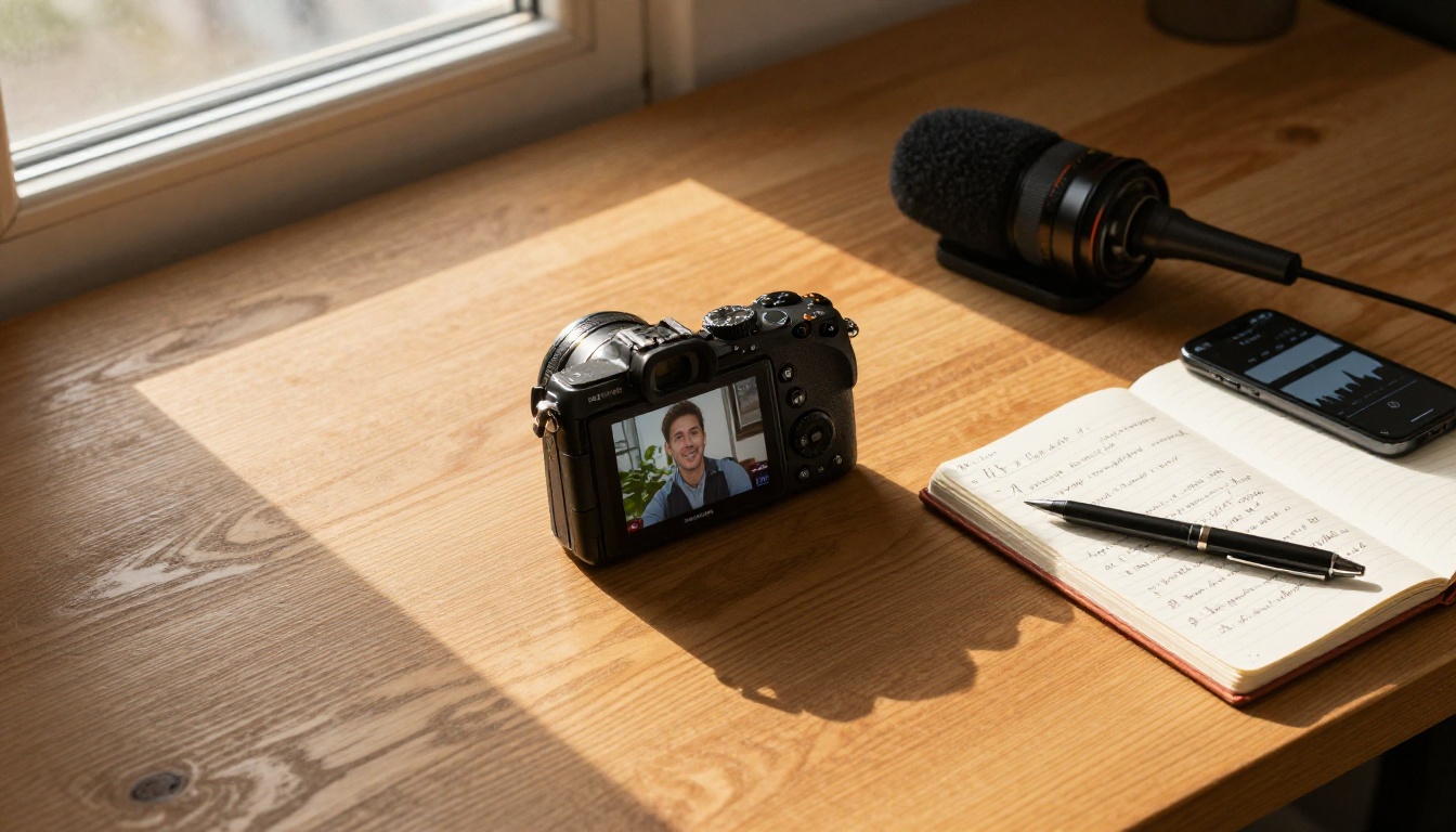 Flat lay of camera, microphone, smartphone, and notebook script notes on wooden table Flat lay of camera, microphone, smartphone, and notebook script notes on wooden table