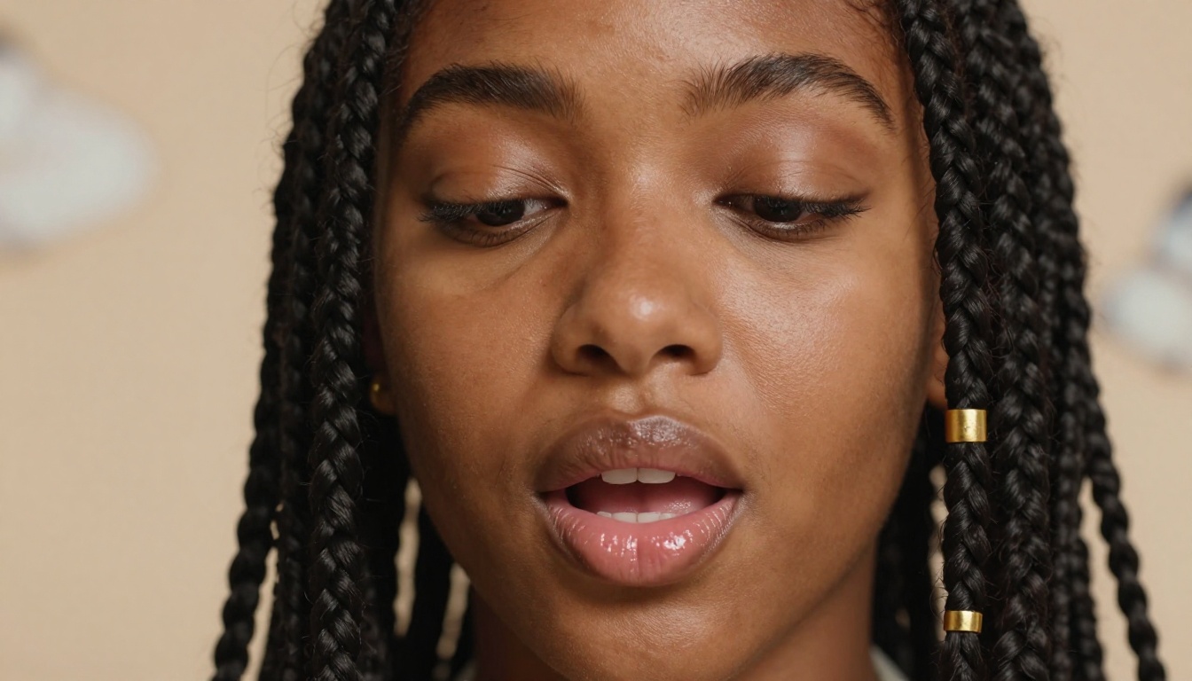 Close-up portrait of woman with box braids, lips parted mid-speech, butterfly lighting Close-up portrait of woman with box braids, lips parted mid-speech, butterfly lighting