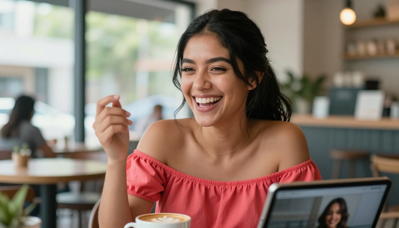 Hispanic woman laughing in cafe with tablet showing portrait animation Hispanic woman laughing in cafe with tablet showing portrait animation