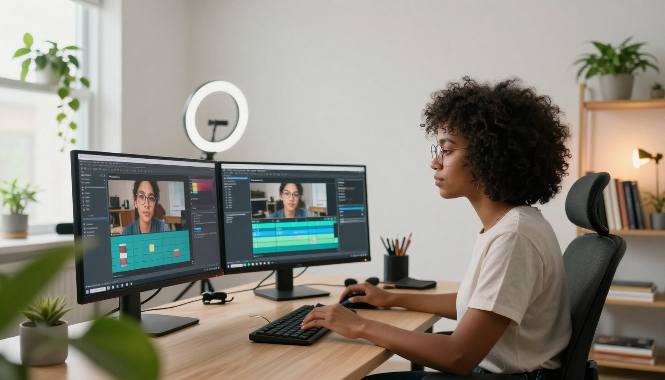 Woman with natural hair and glasses working in bright home studio setup