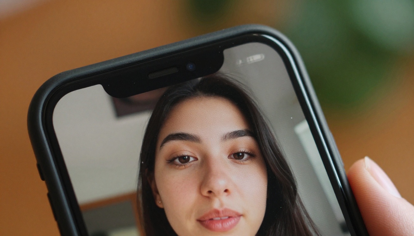 Close-up macro of smartphone screen showing talking portrait video in playback