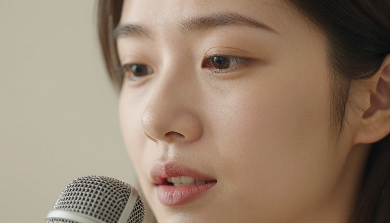 Woman speaking into condenser microphone, close-up portrait, natural studio lighting