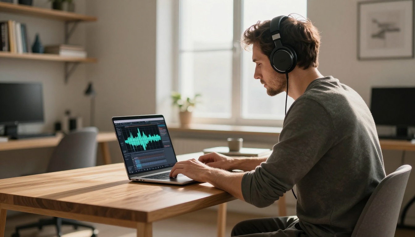 Man at laptop with studio headphones, audio waveform on screen, sunlit home office