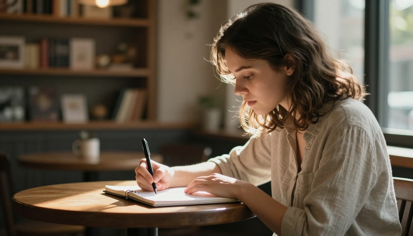 Woman writing podcast intro script notes in a notebook by warm window light
