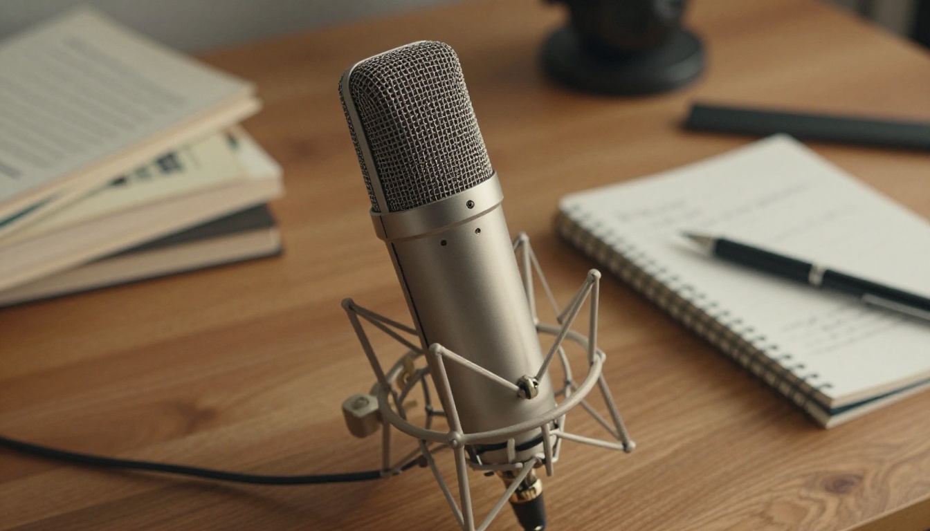 A professional studio microphone on a walnut desk surrounded by novels and notebooks