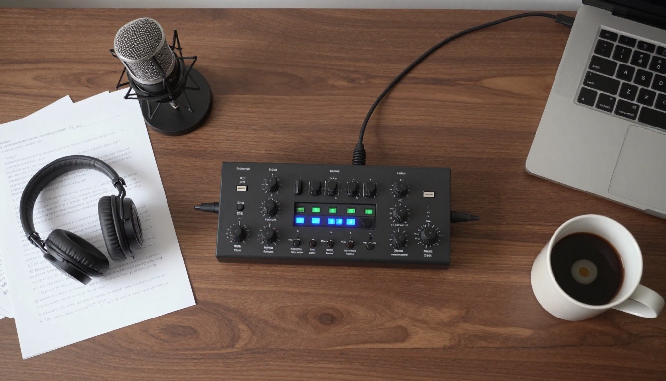 Recording desk overhead shot with audio interface, microphone, headphones, handwritten script notes