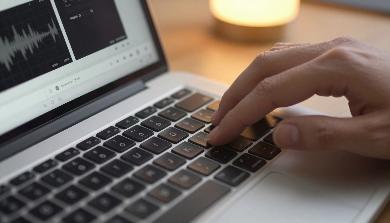 Close-up of laptop keyboard with TTS interface and waveform on screen