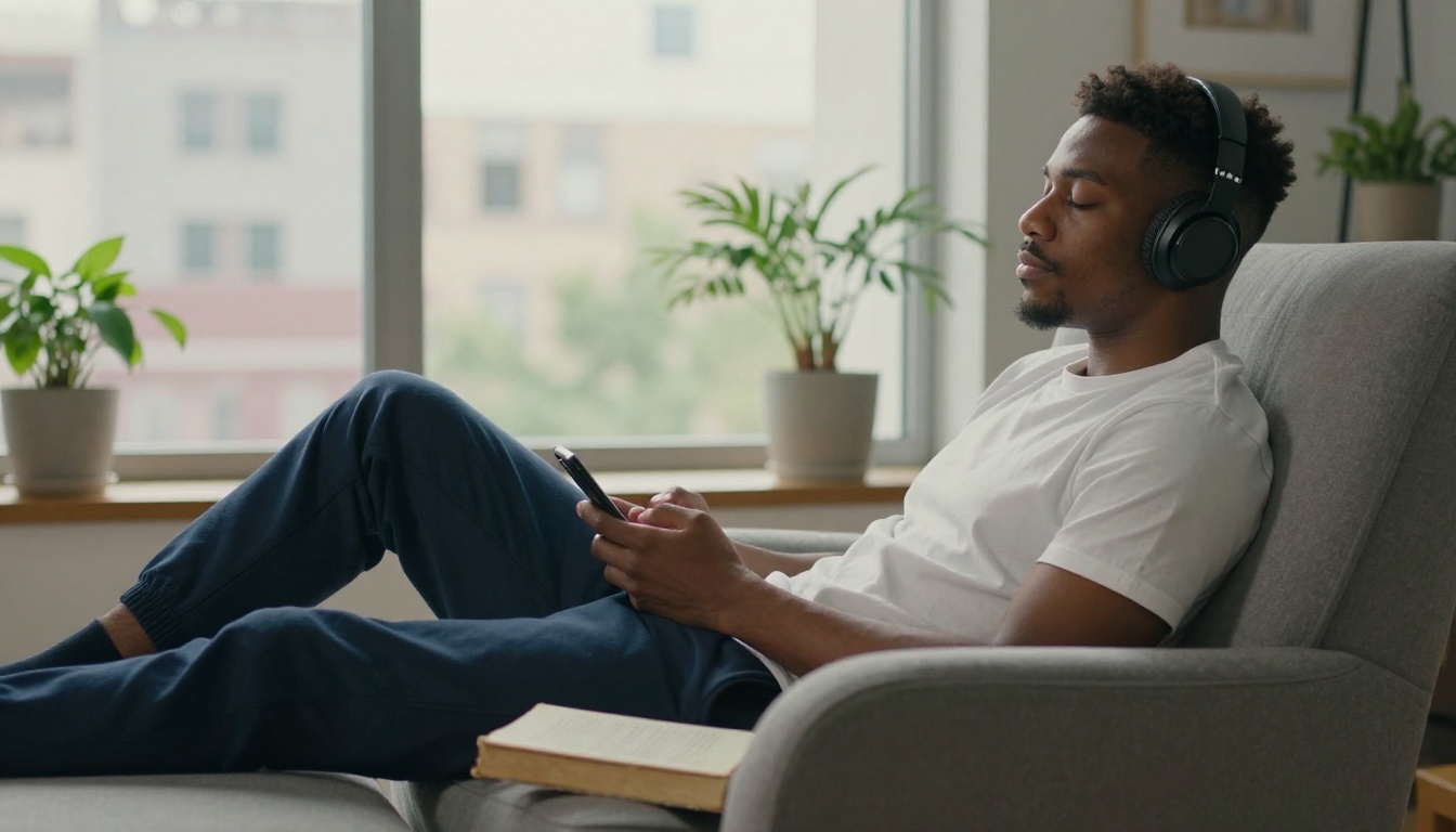 A young man relaxing with over-ear headphones in an armchair by an apartment window