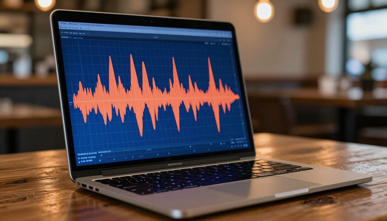 Audio waveform visualization displayed on a laptop screen in a coffee shop