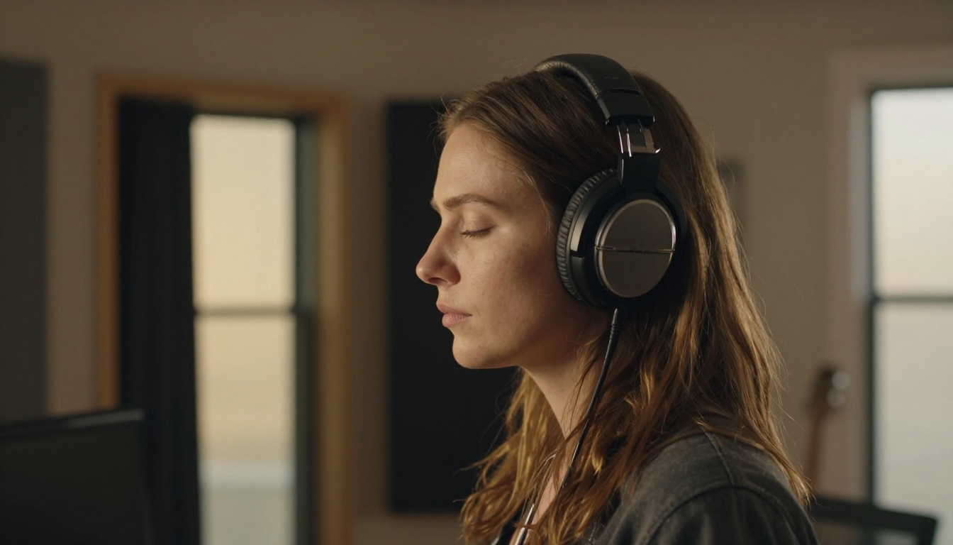 Woman with closed-back headphones listening, side profile, converted home recording space, golden hour light