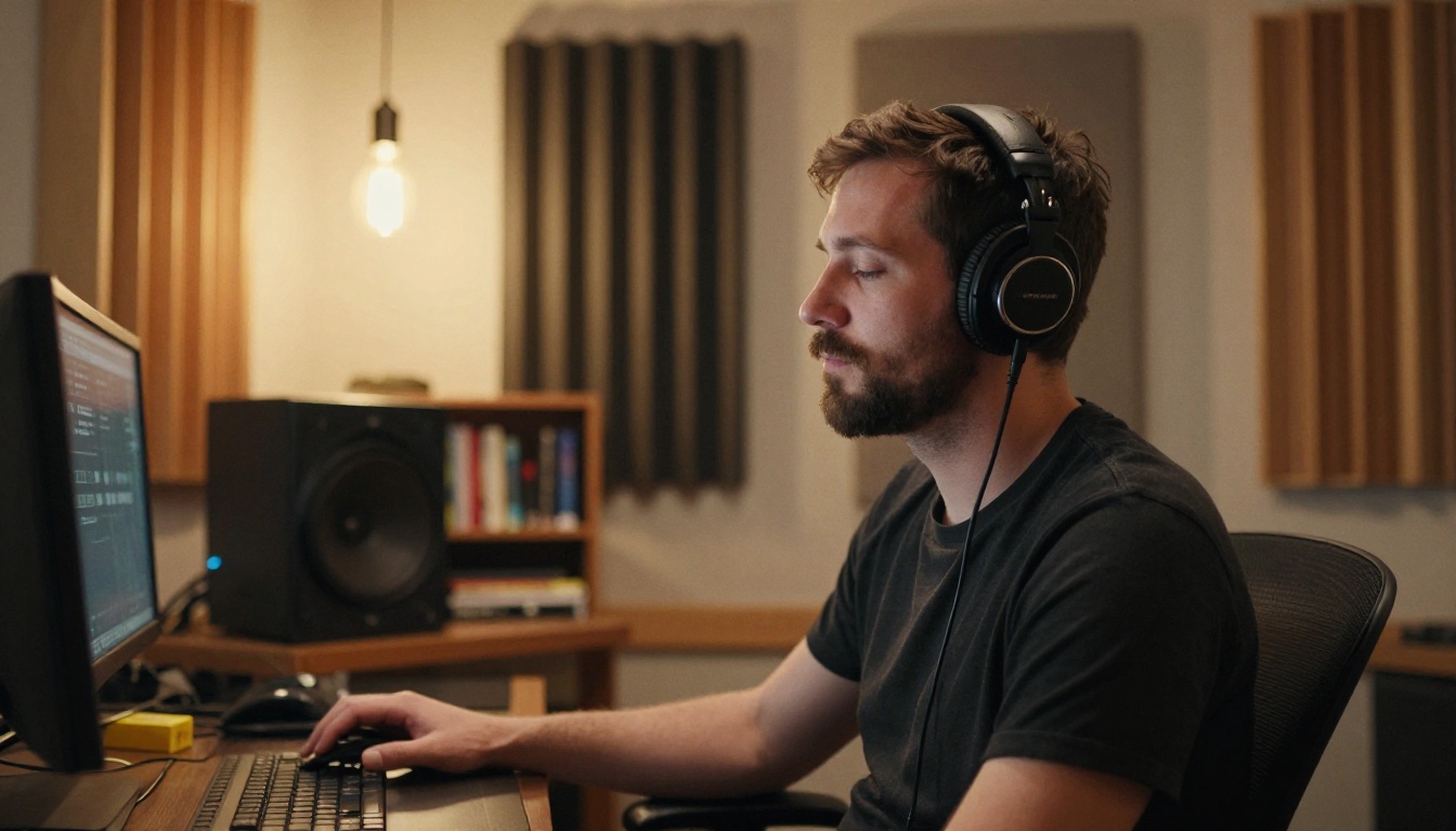 Man with headphones listening to audio playback in cozy recording studio