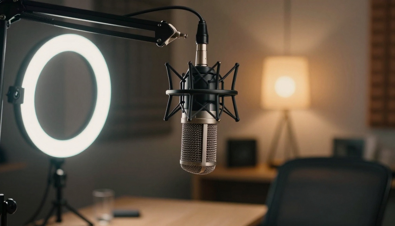 Low-angle shot of professional podcasting microphone on boom arm, acoustic panels soft in background