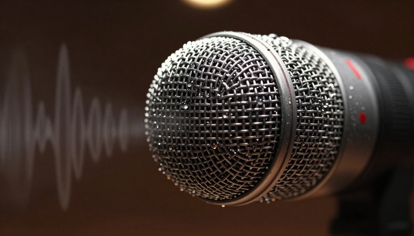 Extreme close-up of microphone capsule with dramatic directional studio lighting