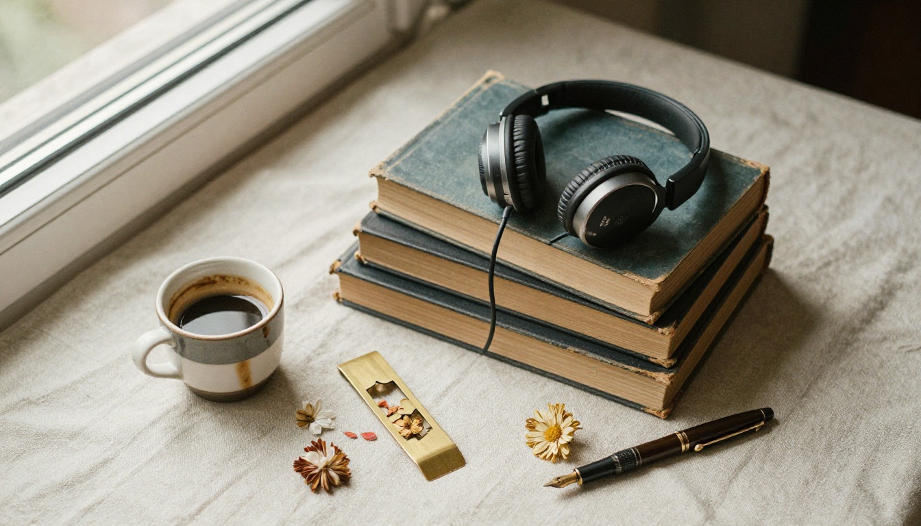 Overhead flat-lay of hardcover books and over-ear headphones on a linen surface