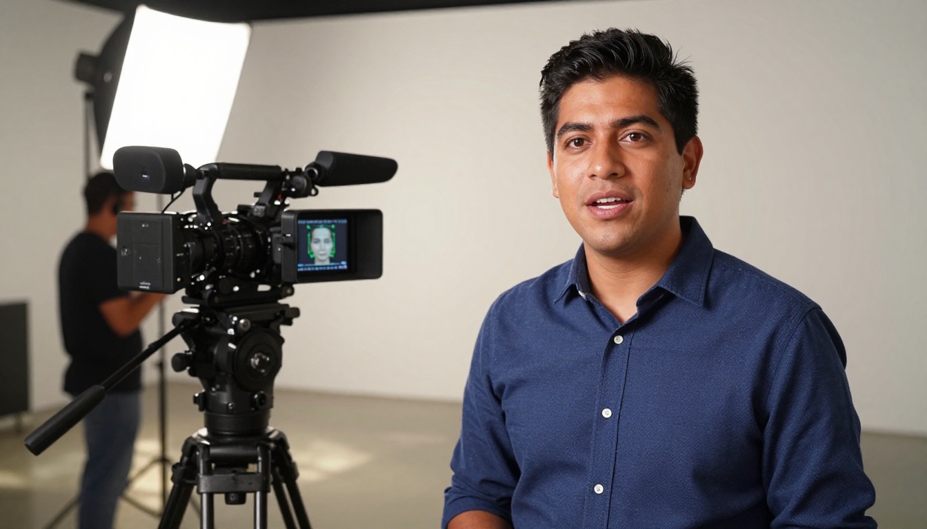 A confident presenter in a professional recording studio with AI lipsync processing overlay visible on a side monitor
