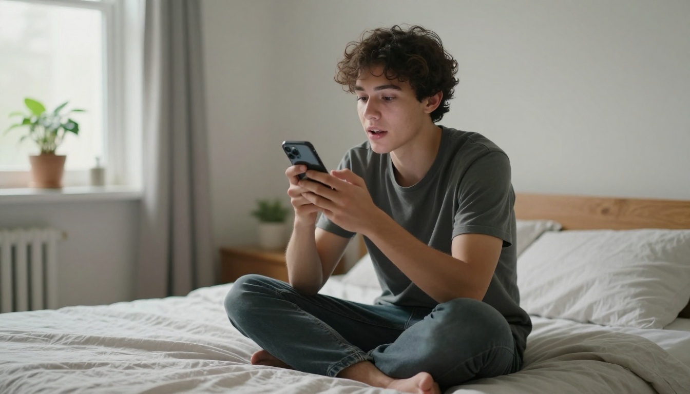 Young man recording voice memo on smartphone, casual apartment bedroom, natural window light