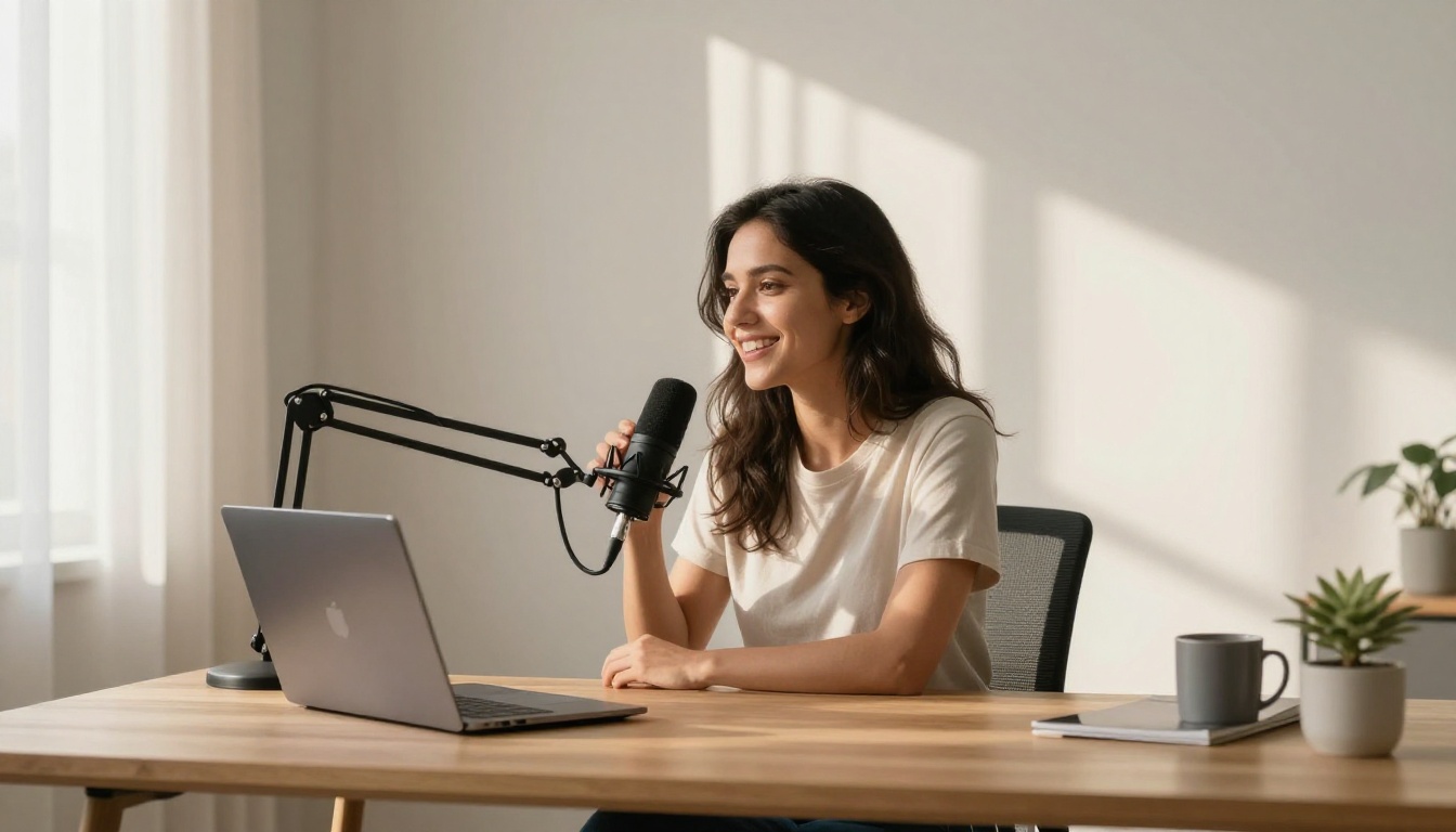 Woman recording podcast at minimalist desk with warm morning sunlight