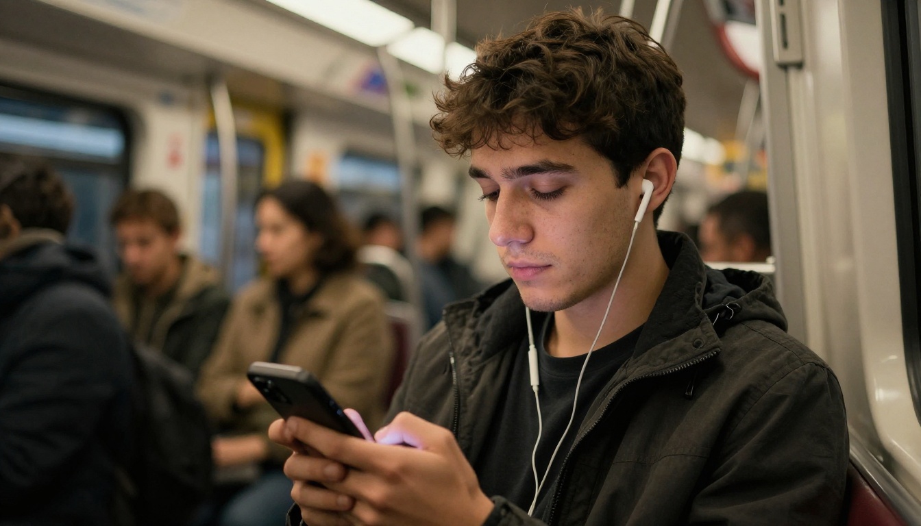 Person commuting while listening to audio content on subway Person commuting while listening to audio content on subway