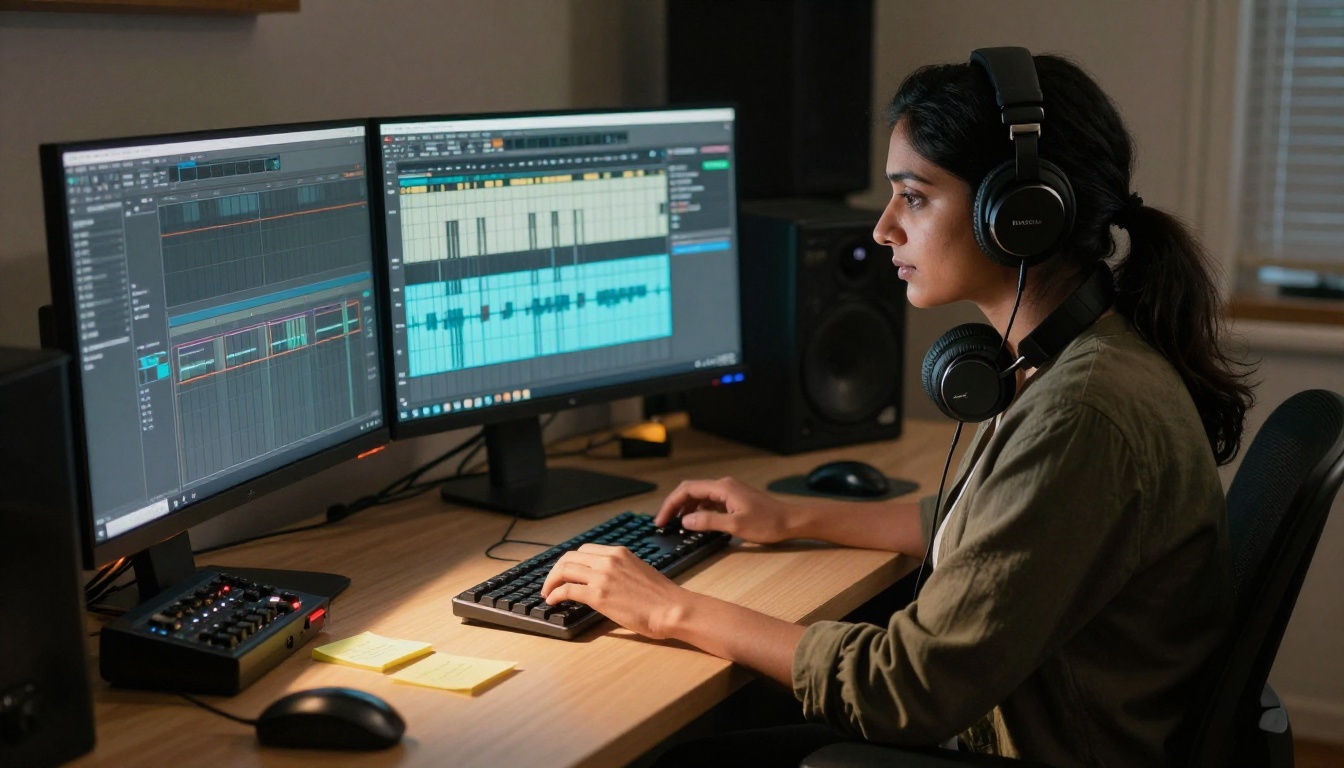 A South Asian woman editing audio files at a home studio dual-monitor setup