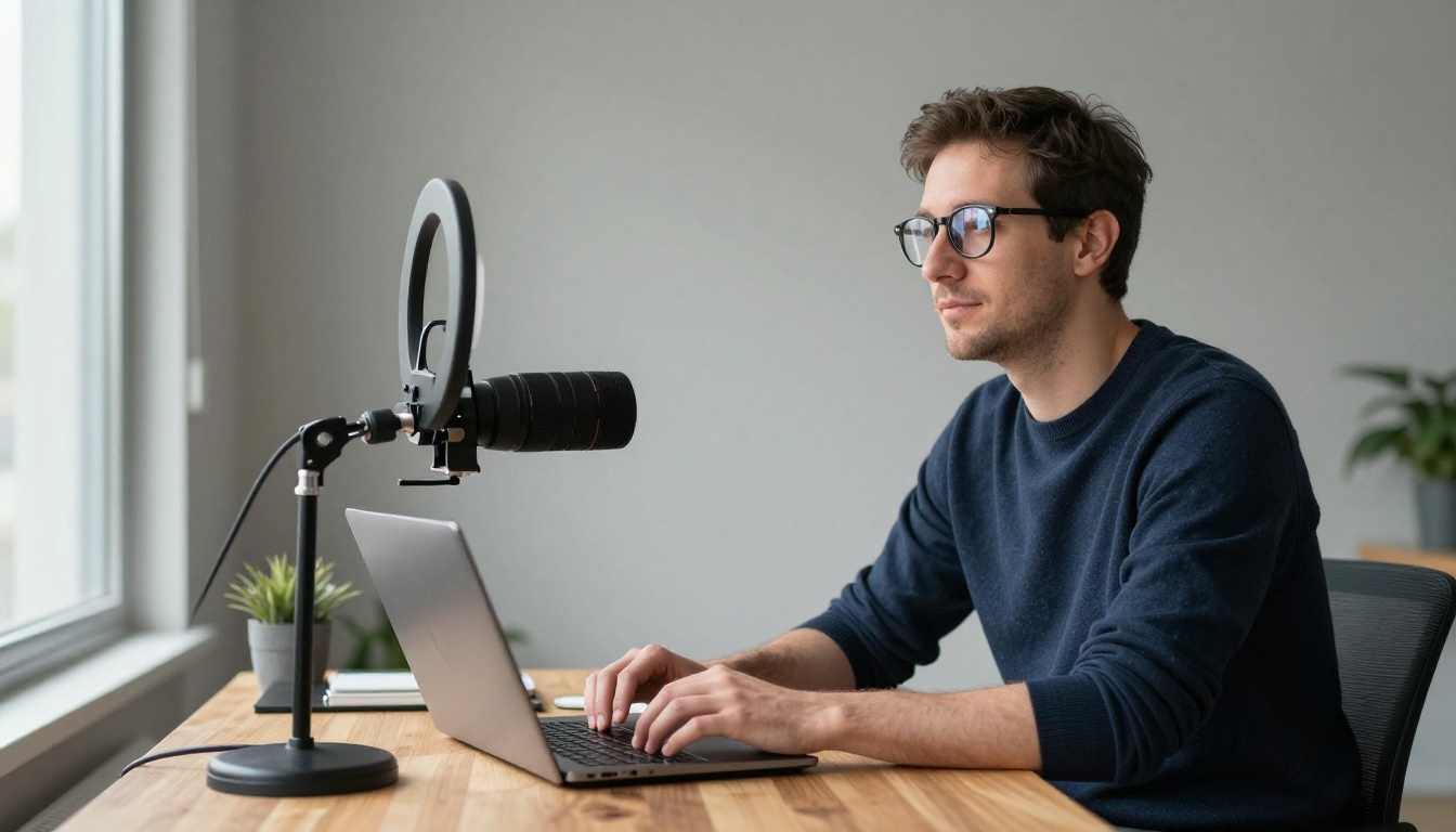 Male presenter in a home office studio with ring light and microphone setup