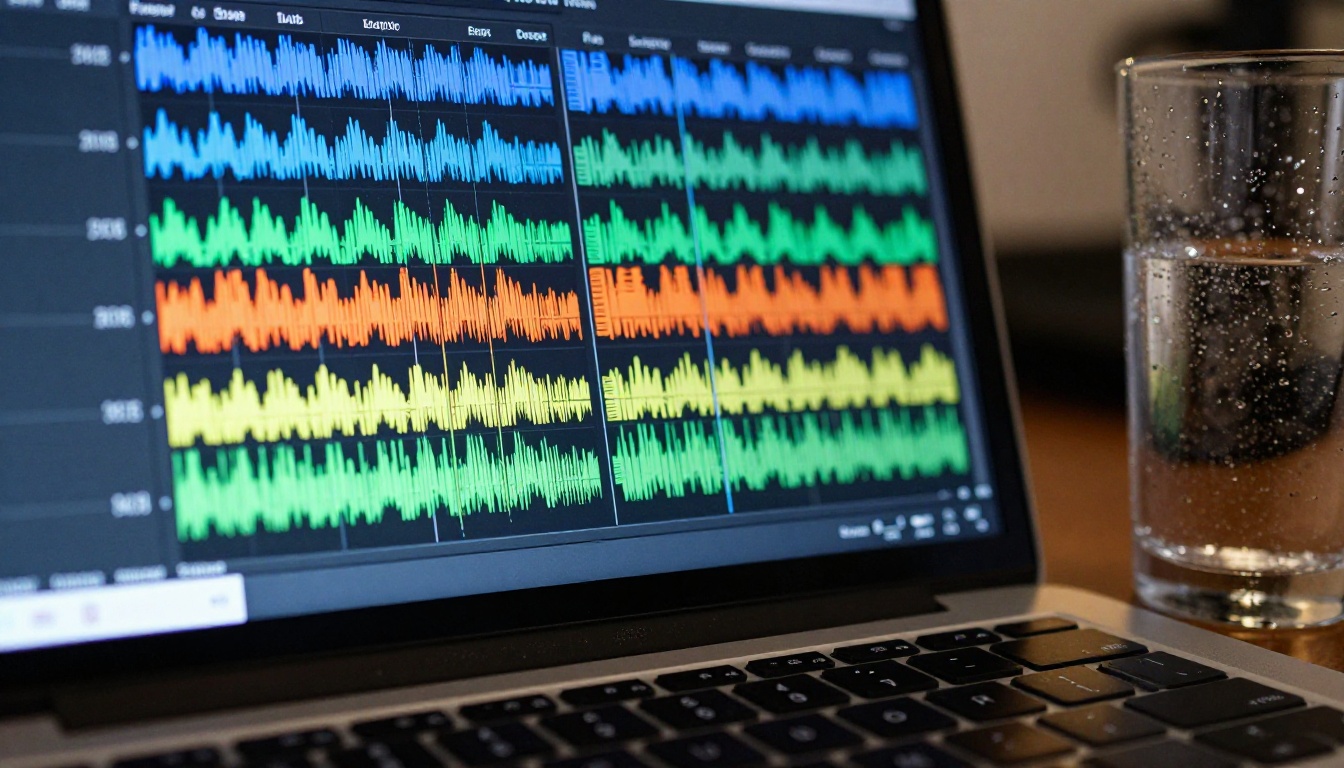 Multilingual audio waveform tracks displayed in a professional video editing software interface on a laptop screen