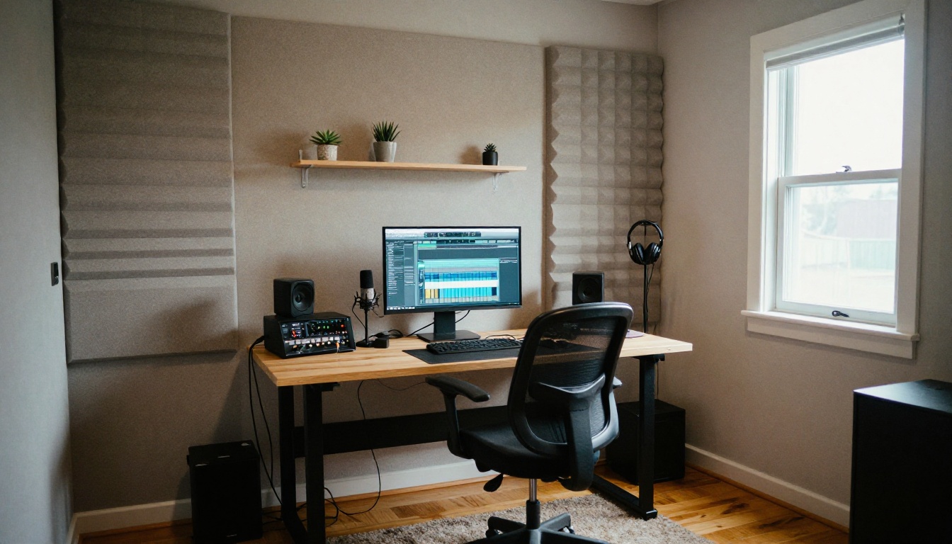 Wide shot of home recording studio, acoustic foam walls, desk with monitor and microphone, natural window light